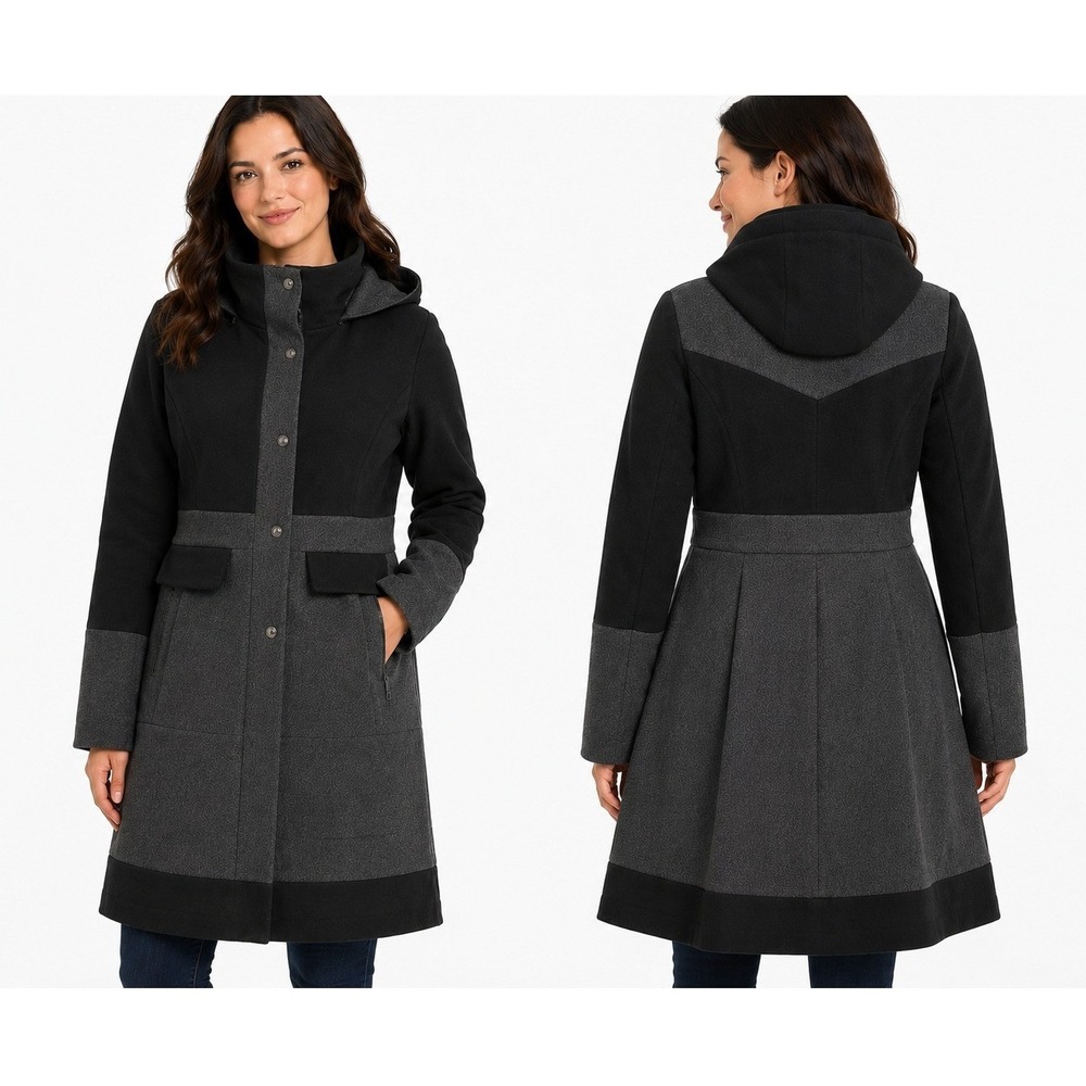 Guess Colorblock Hooded Wool Blend Coat Women L Black Grey Mid-Length Zip Up